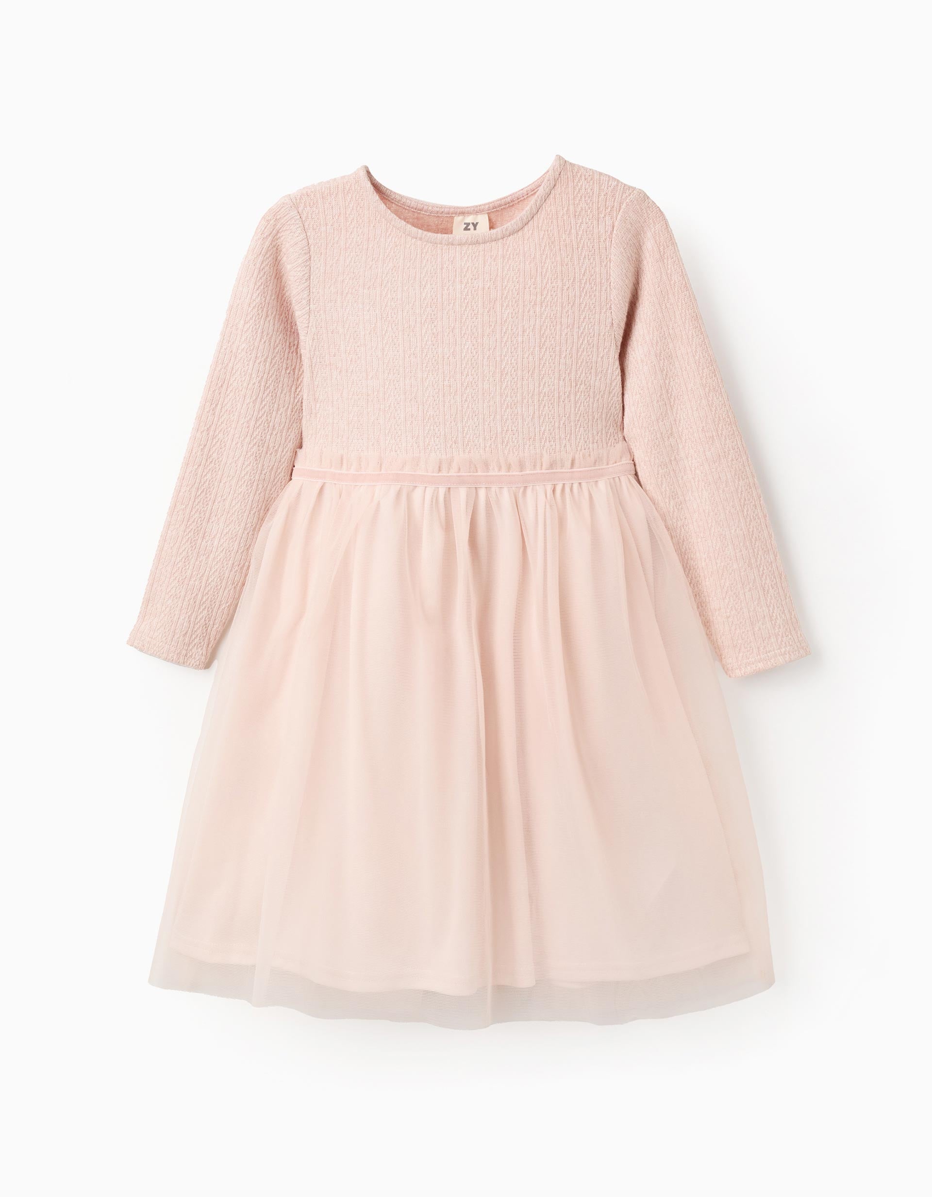 Vestido combinado de malha ajurada e tule para menina, rosa