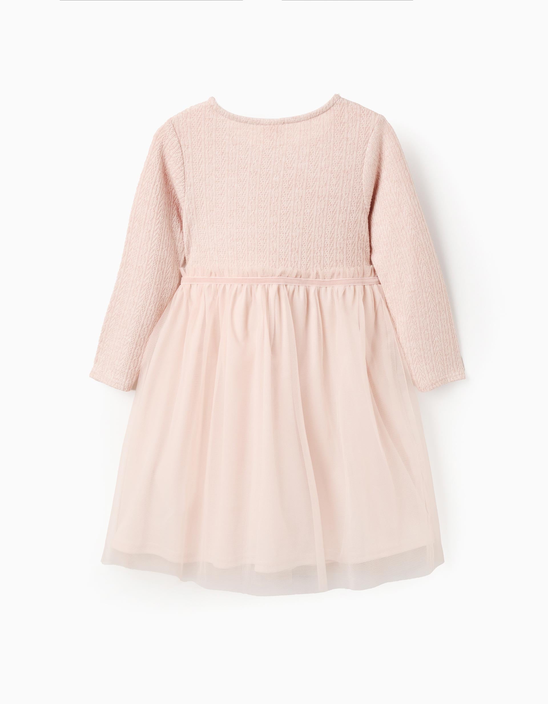 Vestido combinado de malha ajurada e tule para menina, rosa