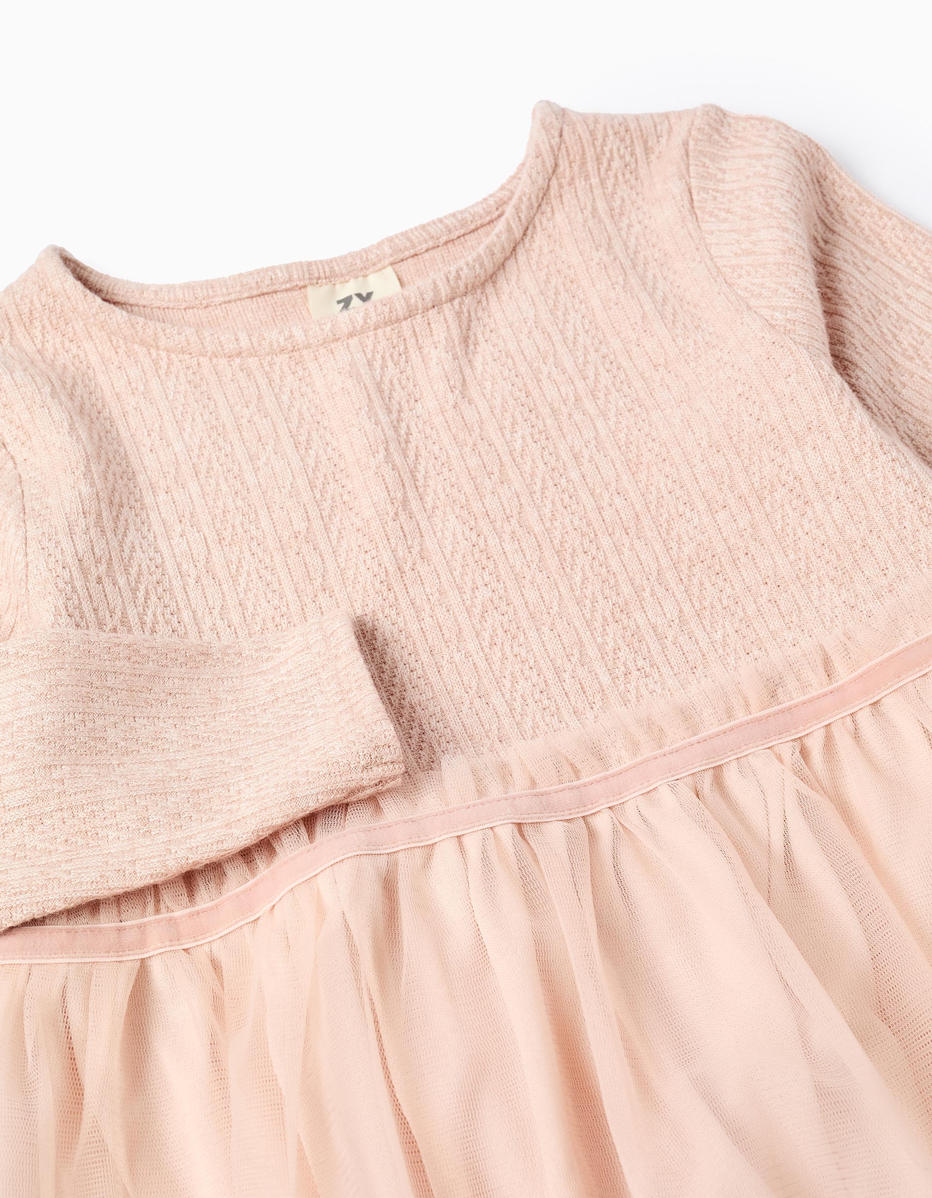 Vestido combinado de malha ajurada e tule para menina, rosa