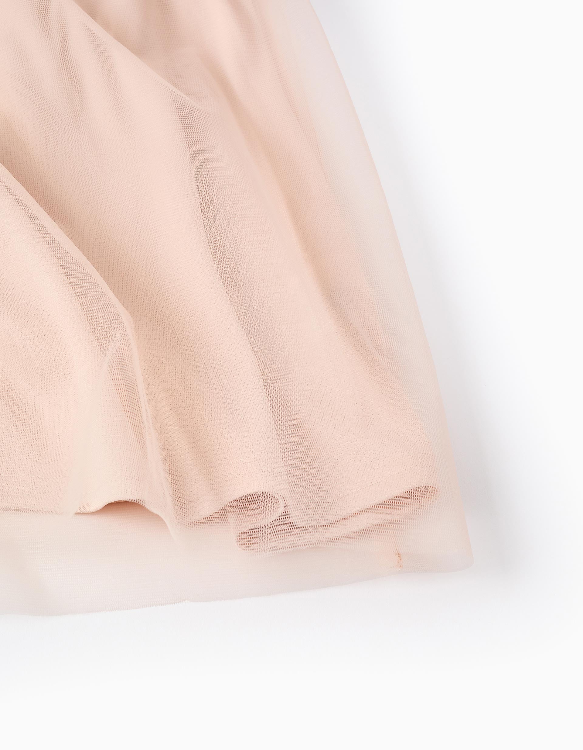 Vestido combinado de malha ajurada e tule para menina, rosa