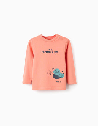 T-shirt de Manga Comprida em Algodão para Bebé Menino 'Formiga', Coral
