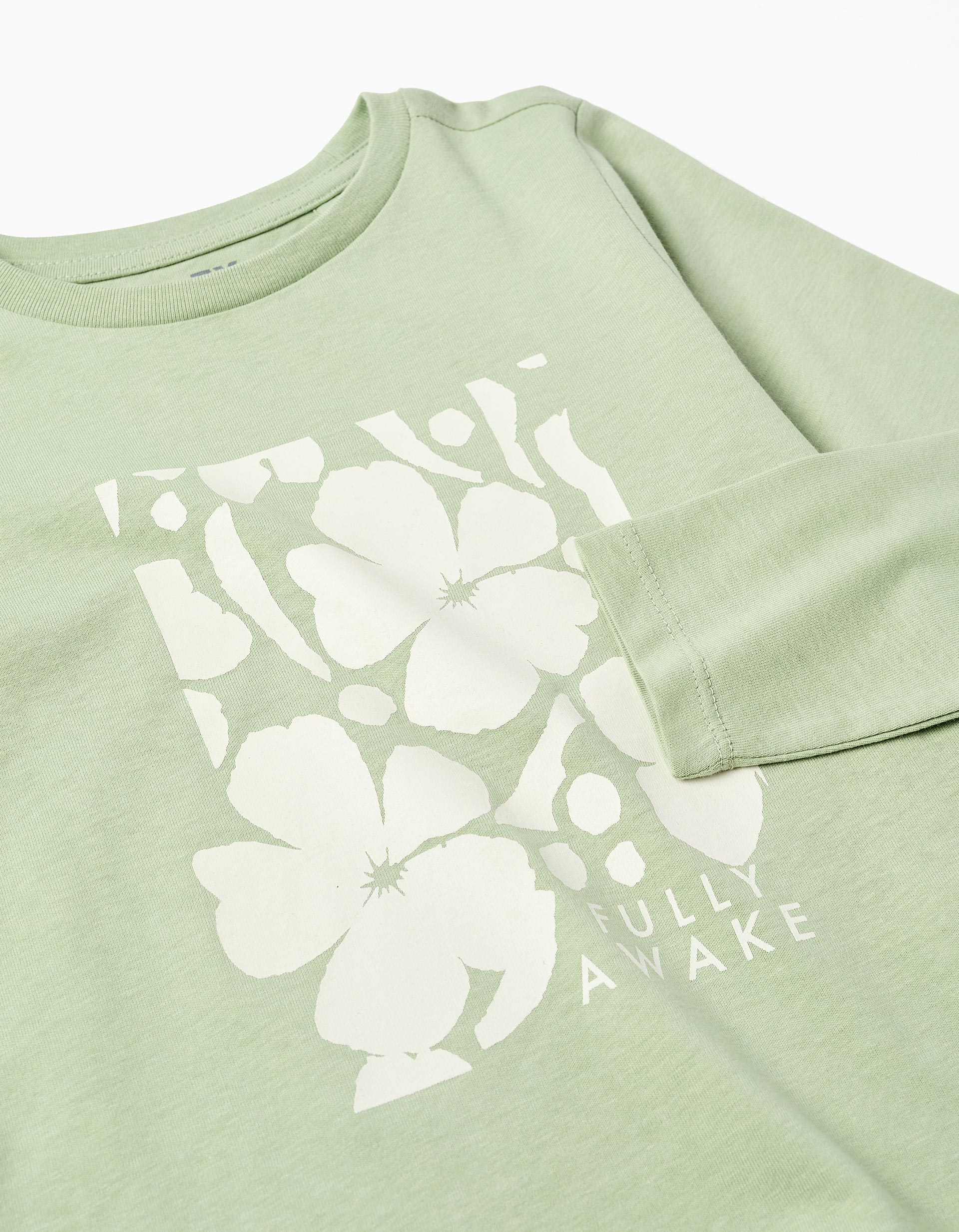 T-shirt en coton avec imprimé 'Fully Awake' pour fille, vert clair