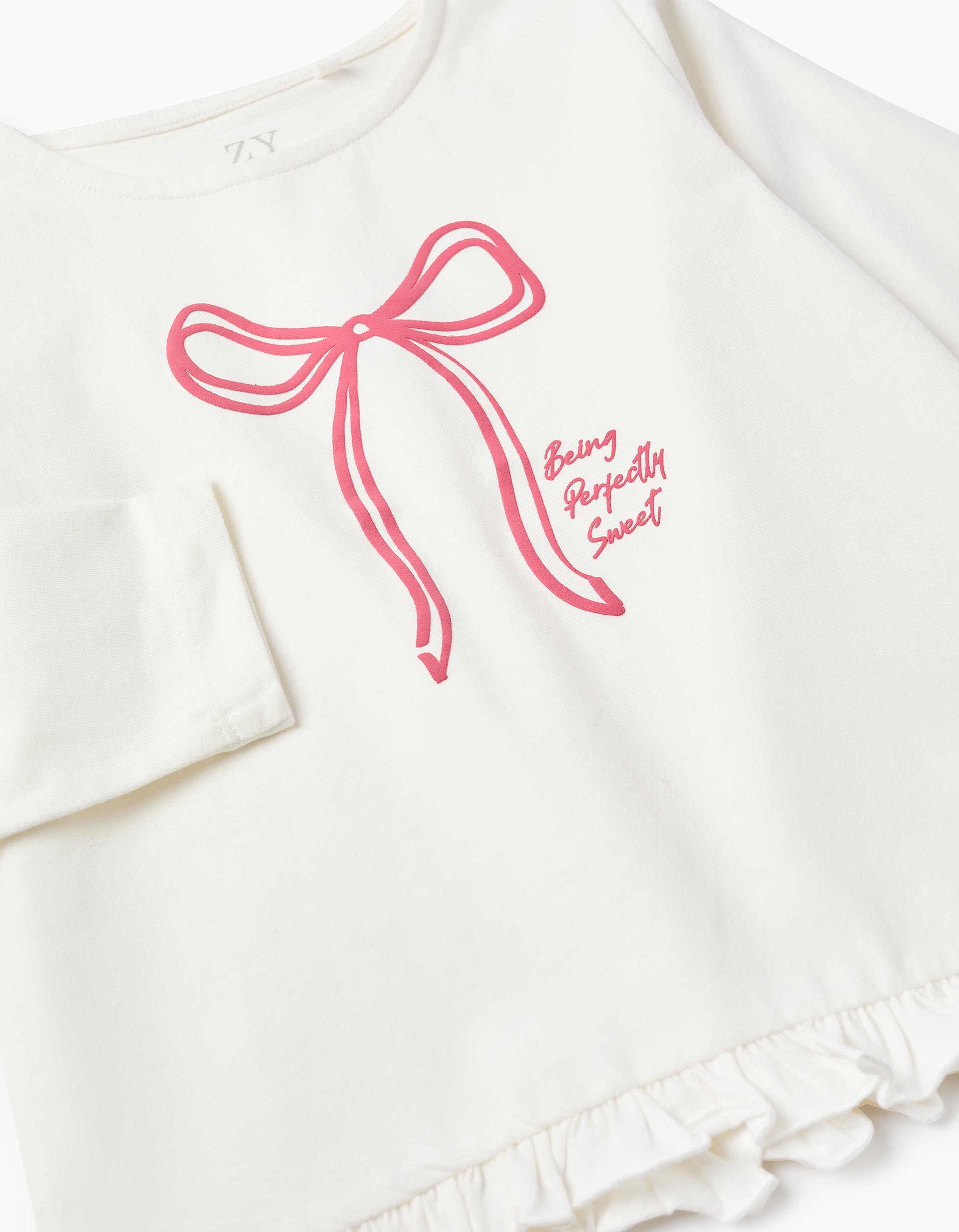 T-shirt de Manga Comprida com Folhos para Menina 'Sweet', Branco