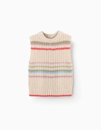 Chaleco de Punto con Rayas Coloridas para Niña, Beige