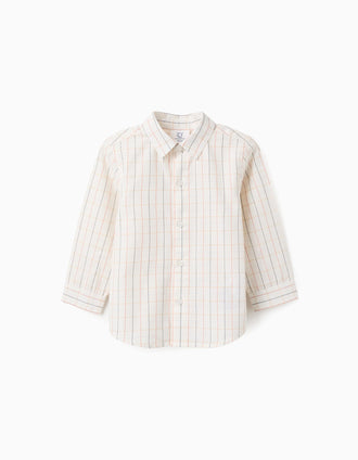 Camisa de Algodão com Xadrez para Bebé Menino, Bege/Laranja/Azul
