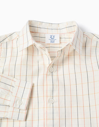 Camisa de Algodão com Xadrez para Bebé Menino, Bege/Laranja/Azul