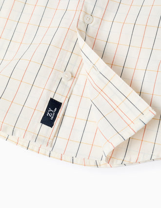 Camisa de Algodão com Xadrez para Bebé Menino, Bege/Laranja/Azul