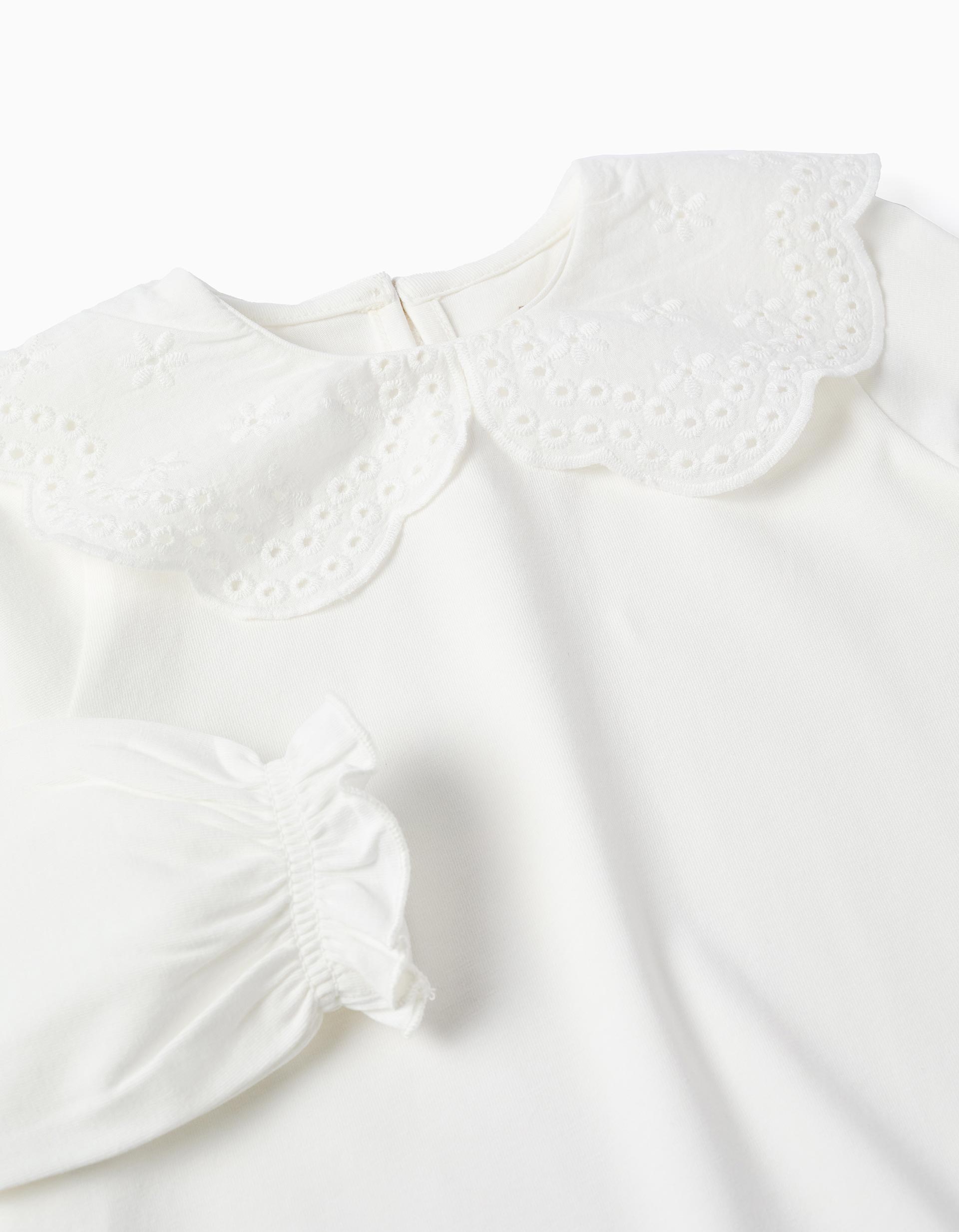 T-shirt with Broderie Anglaise Collar for Baby Girls, White