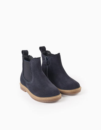 Suede Chelsea boots with scalloped effect for baby girls, dark blue