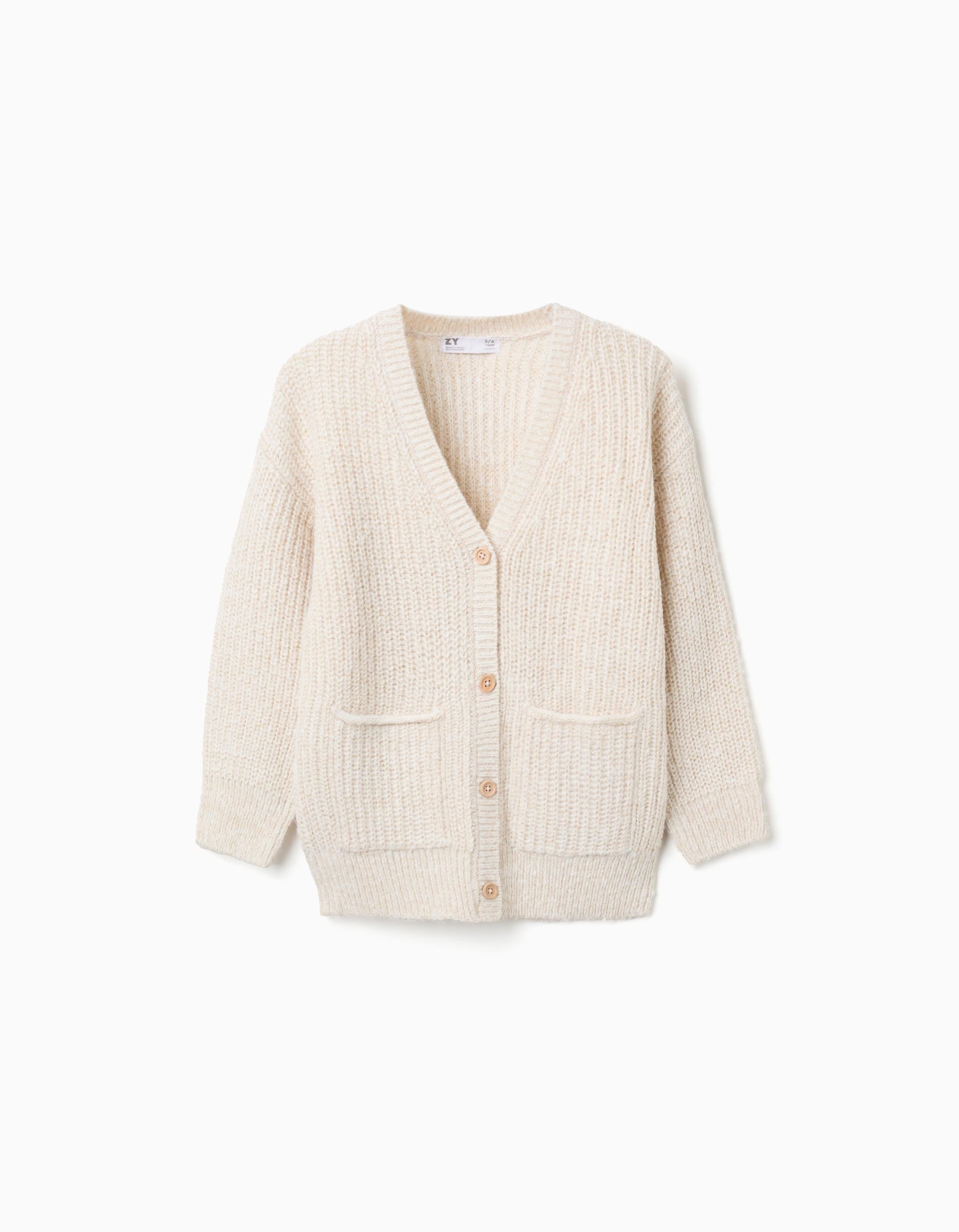 Thick Knit Jacket with Pockets for Girls, Beige