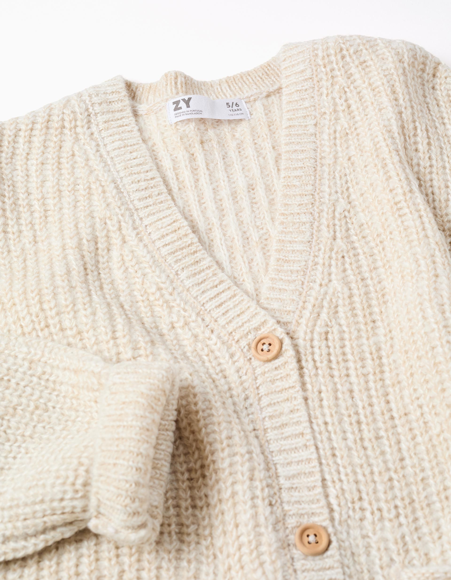 Thick Knit Jacket with Pockets for Girls, Beige