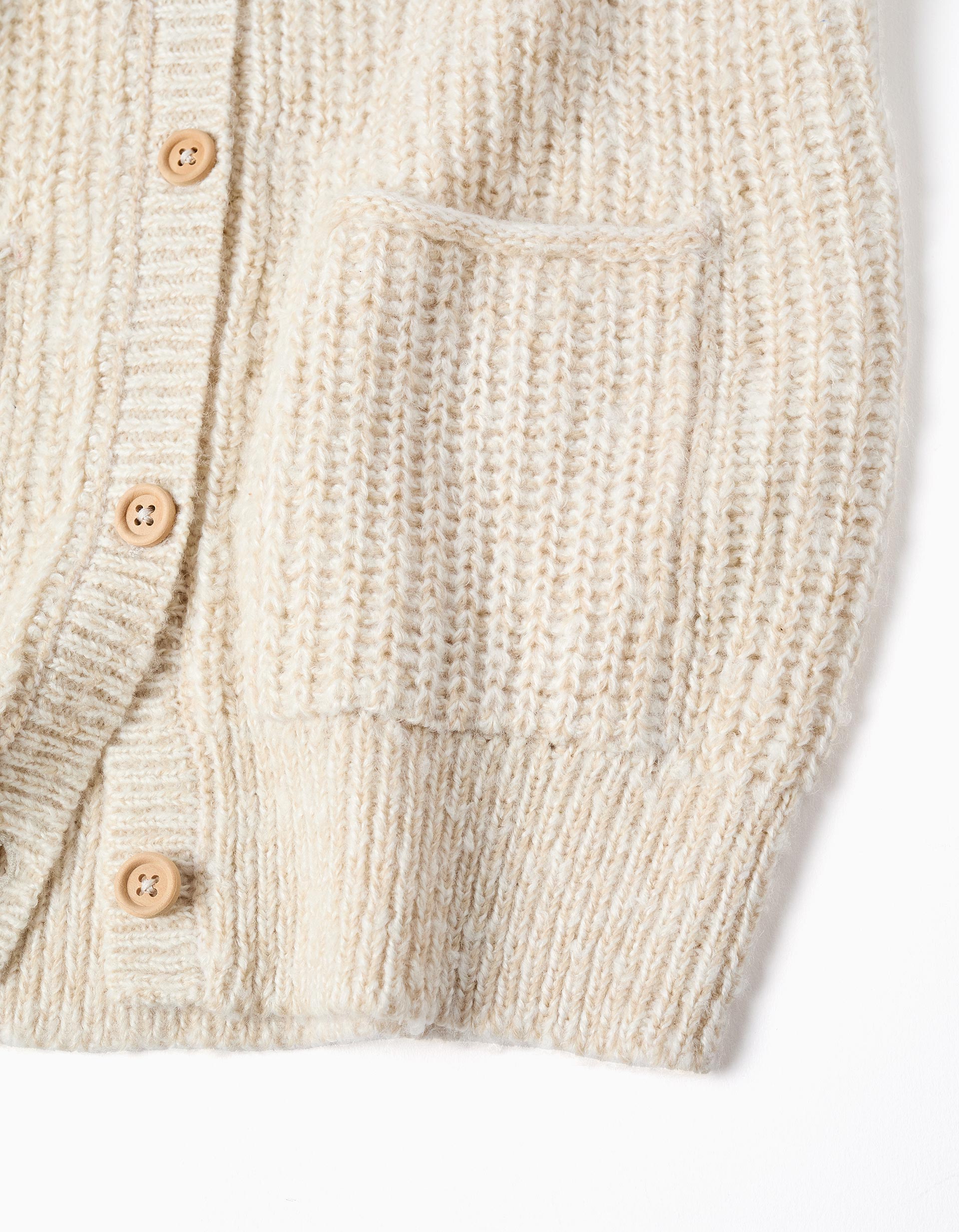 Thick Knit Jacket with Pockets for Girls, Beige