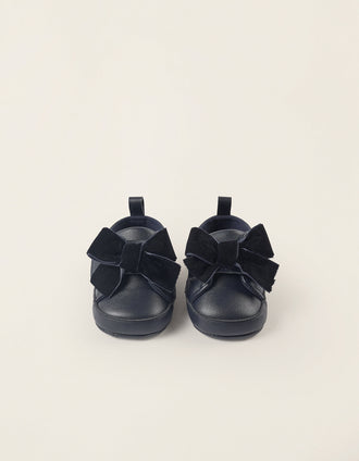 Sapatos com Tira Autoderente e Laço de Veludo para Recém-Nascida, Azul