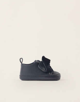 Sapatos com Tira Autoderente e Laço de Veludo para Recém-Nascida, Azul