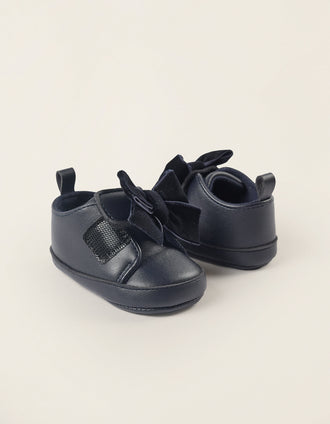 Sapatos com Tira Autoderente e Laço de Veludo para Recém-Nascida, Azul