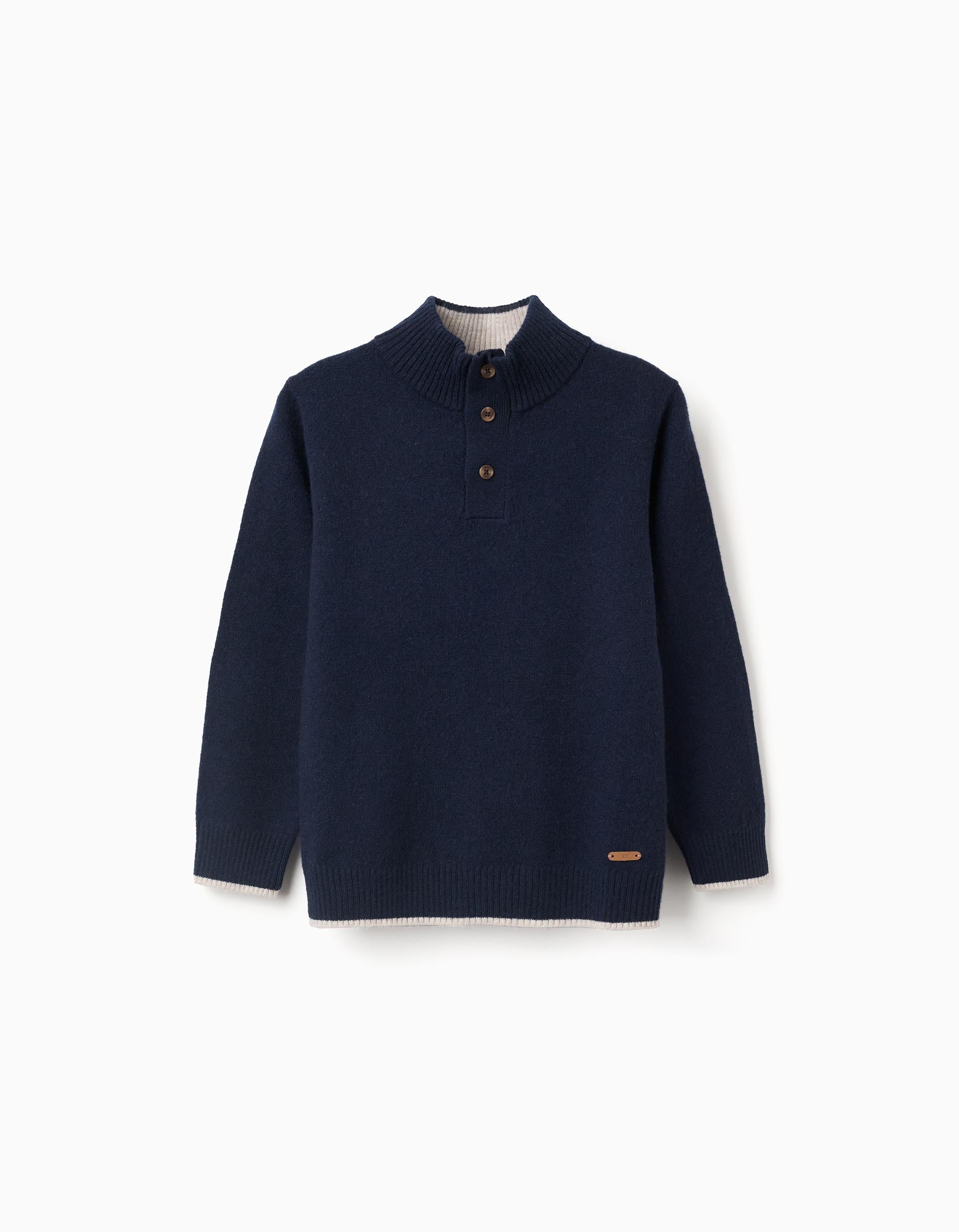 Knitted jumper in a wool blend with mock neck for boys, dark blue/beige