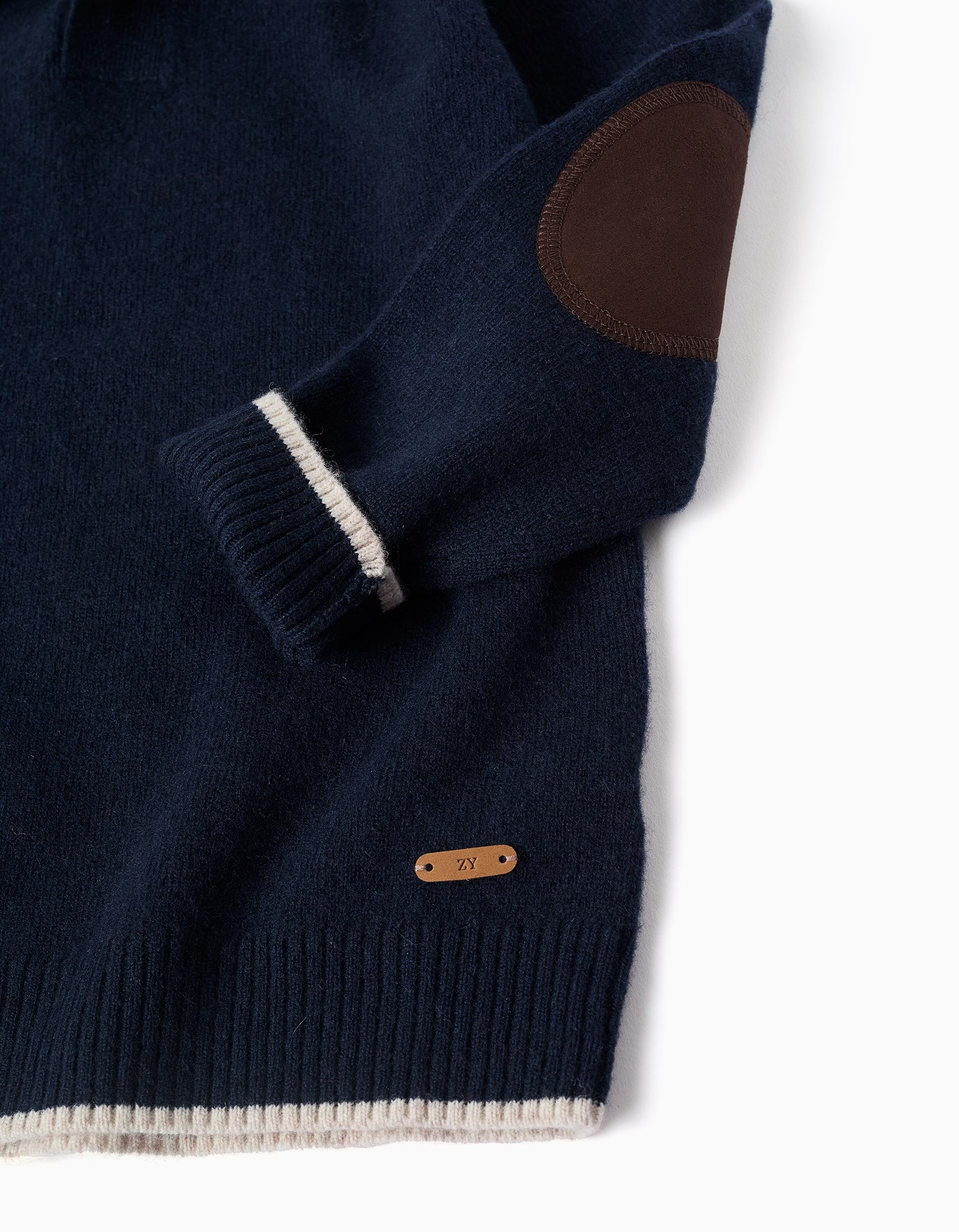 Knitted jumper in a wool blend with mock neck for boys, dark blue/beige