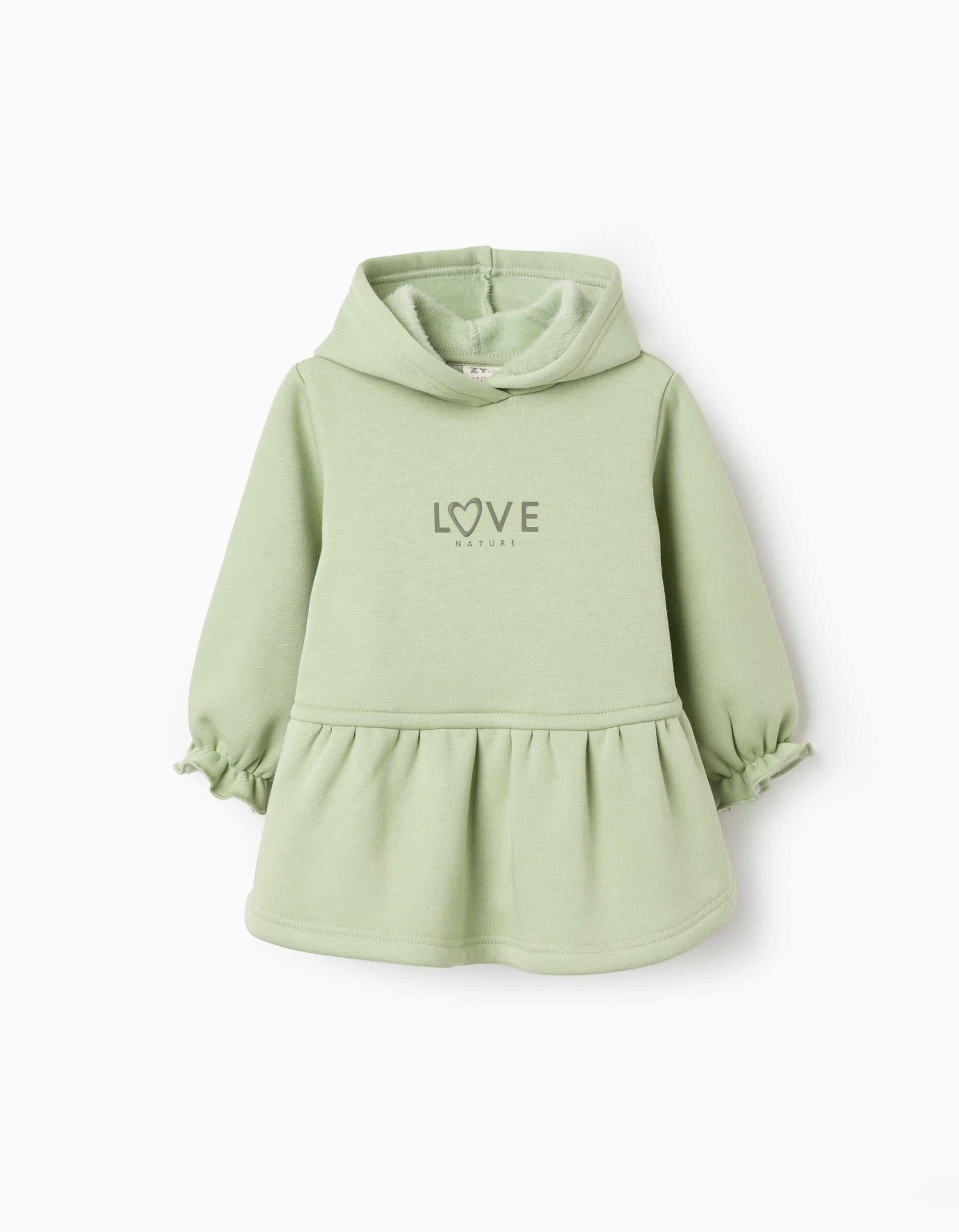 Hooded dress with plush lining for baby girls, light green