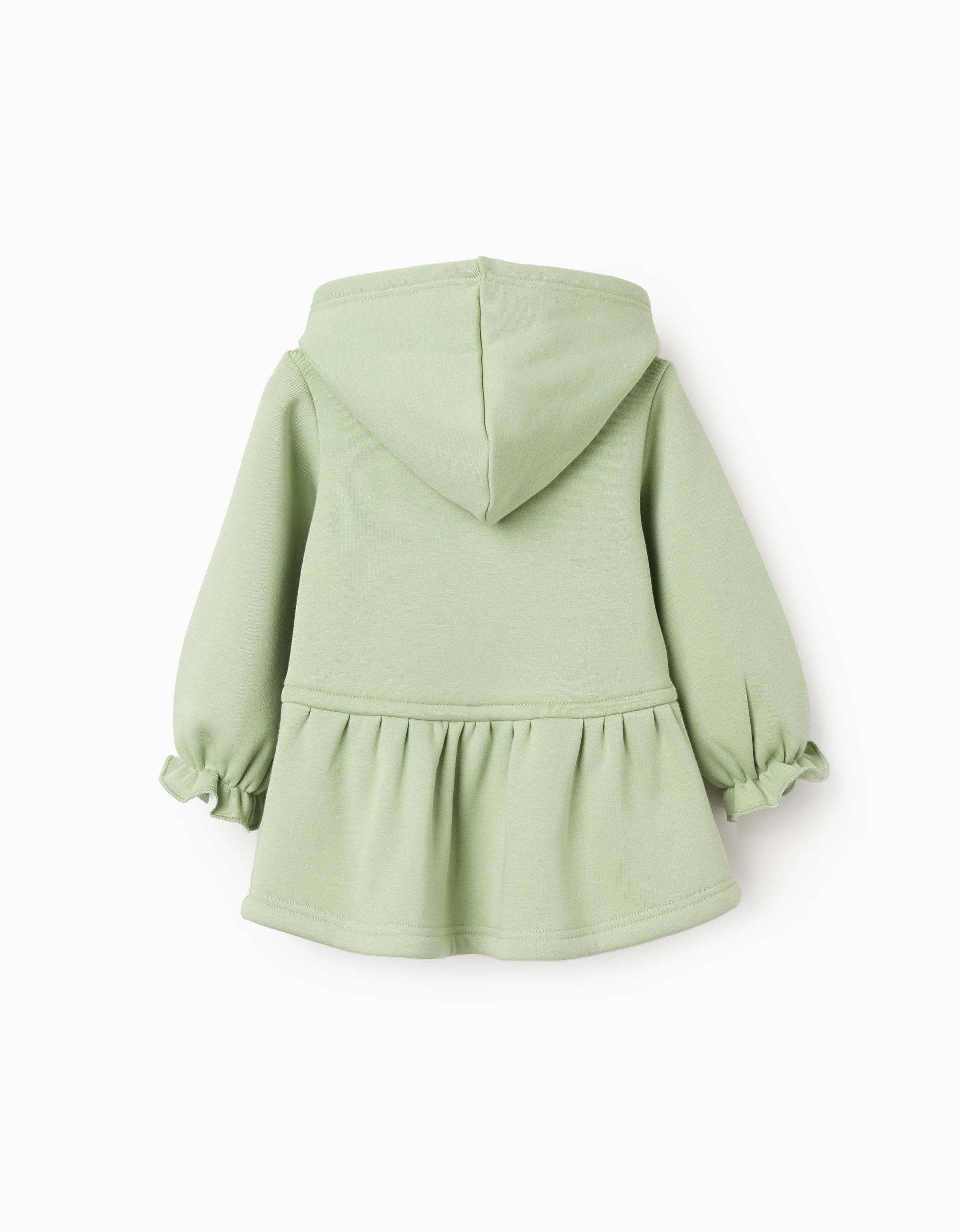 Hooded dress with plush lining for baby girls, light green