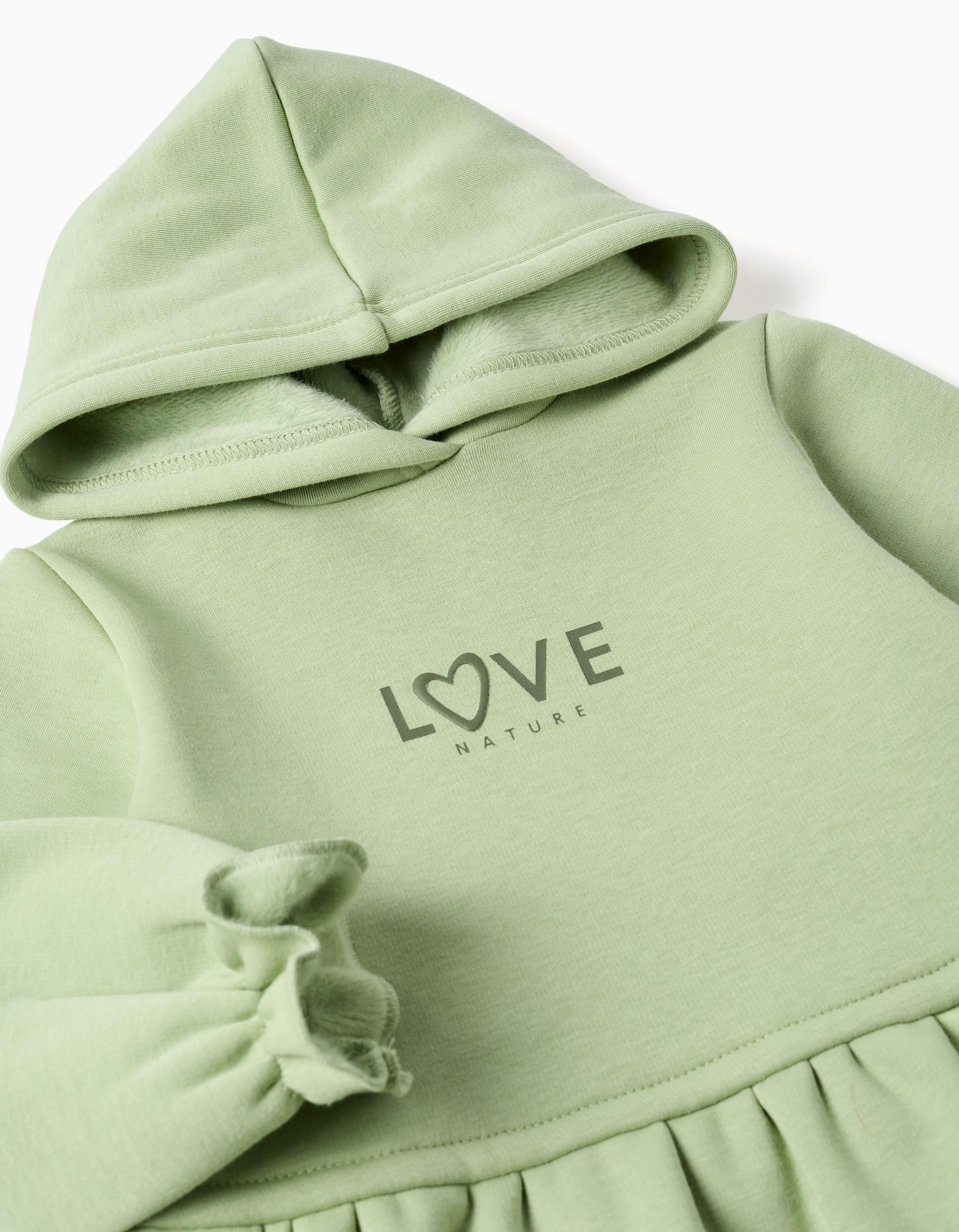 Hooded dress with plush lining for baby girls, light green