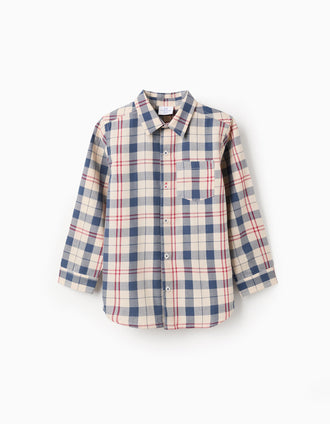 Camisa de algodão com xadrez 'B&S' para menino, bege/azul/vermelho