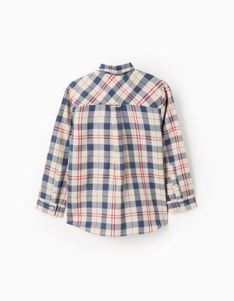Camisa de algodão com xadrez 'B&S' para menino, bege/azul/vermelho