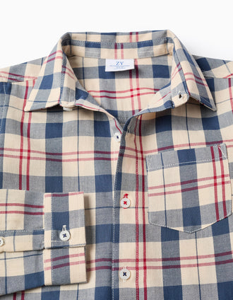 Camisa de algodão com xadrez 'B&S' para menino, bege/azul/vermelho