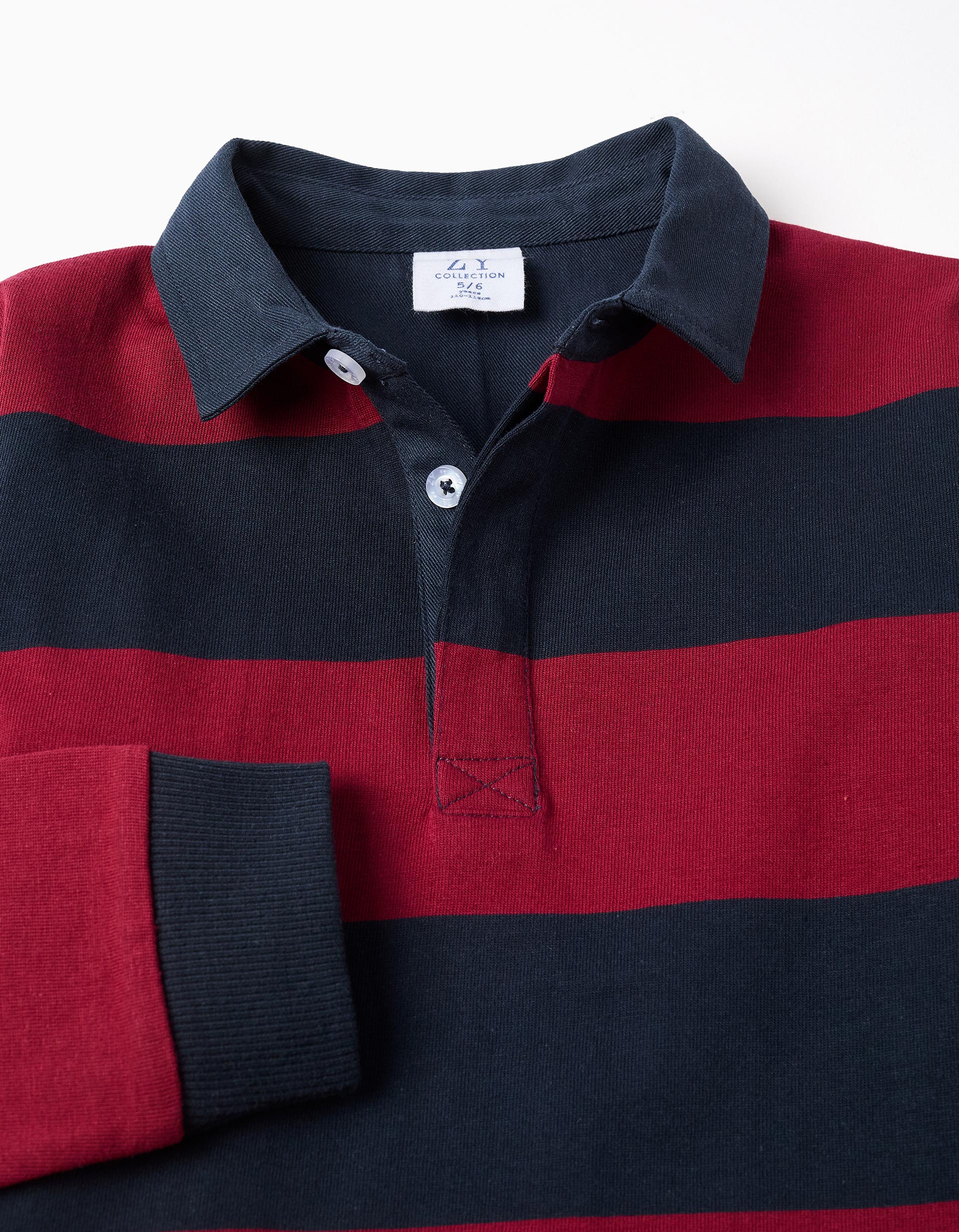 Long sleeve cotton polo shirt with stripes for boys, dark blue/red