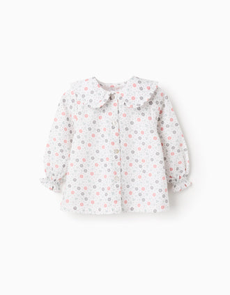 Floral Cotton Shirt for Baby Girls, White/Pink/Green