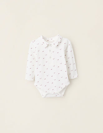 Bodysuit with Pattern for Newborns 'Birds', White/Burgundy