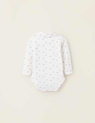 Bodysuit with Pattern for Newborns 'Birds', White/Burgundy