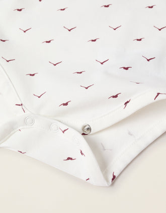 Bodysuit with Pattern for Newborns 'Birds', White/Burgundy