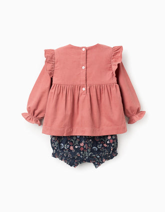 Ruffled Blouse + Floral Shorts for Baby Girls 'B&S', Coral/Blue