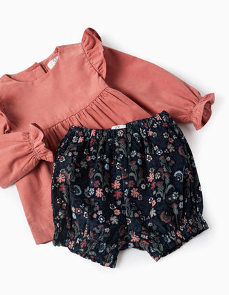 Ruffled Blouse + Floral Shorts for Baby Girls 'B&S', Coral/Blue