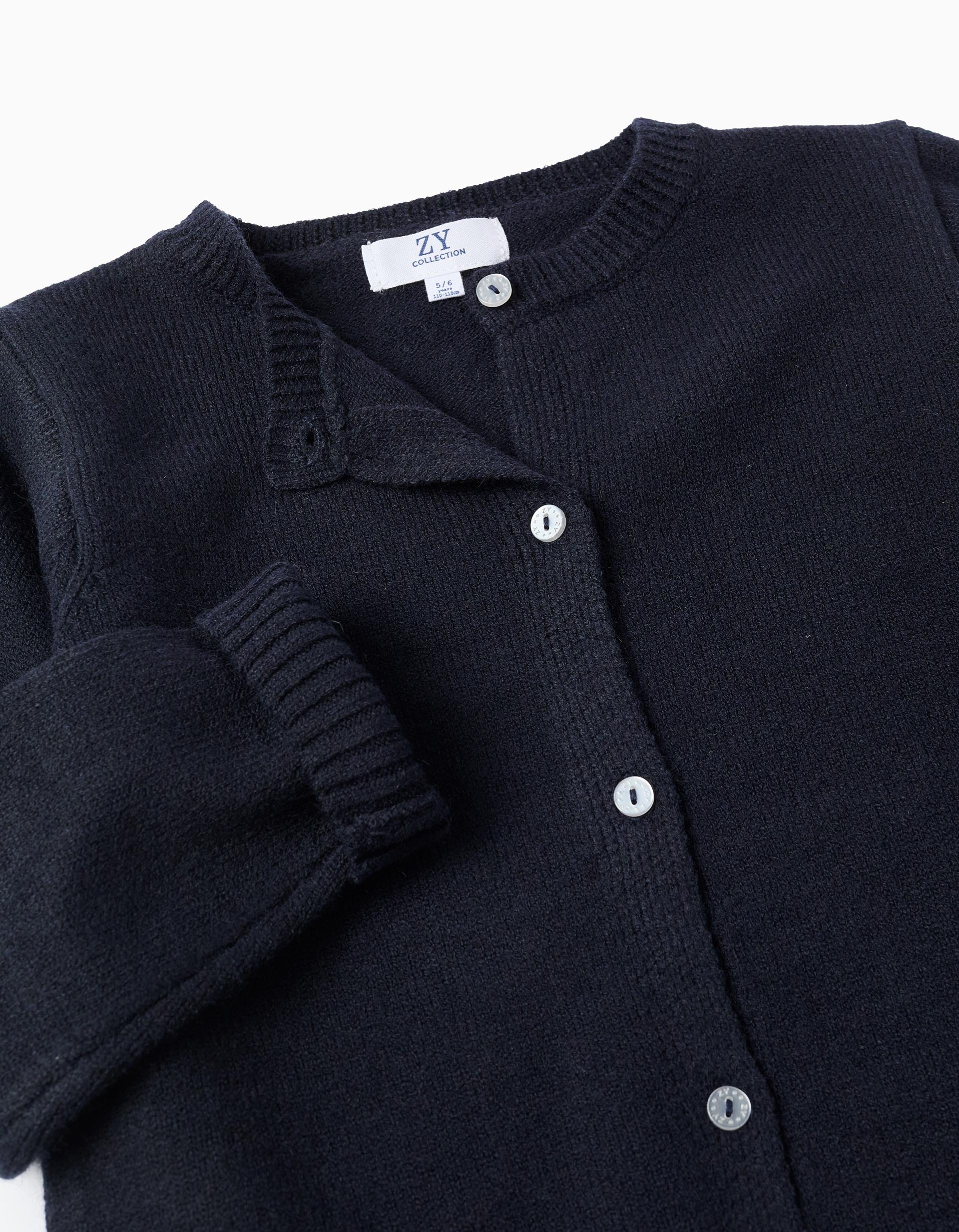 Casaco de malha com gola redonda para menina, azul-escuro