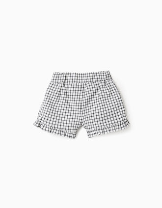 Pantalón Corto con Estampado Vichy para Niña, Blanco/Gris