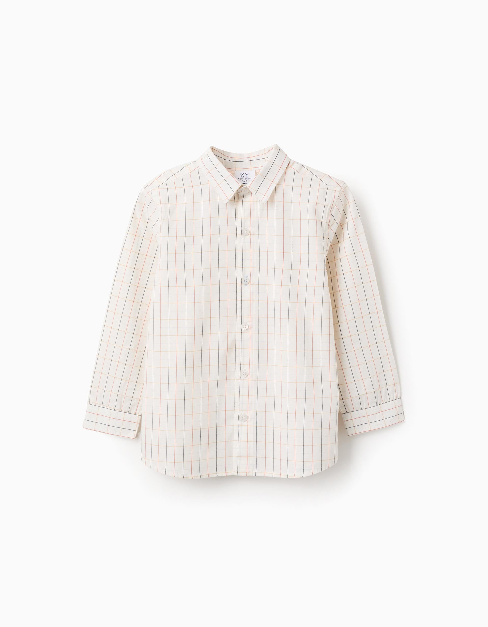 Chequered Cotton Shirt for Boys, Beige/Orange/Blue