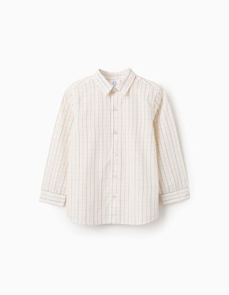 Camisa de Algodão com Xadrez para Menino, Bege/Laranja/Azul