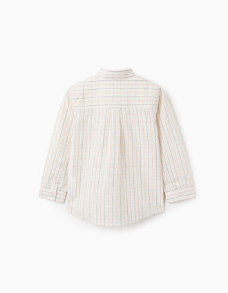 Camisa de Algodão com Xadrez para Menino, Bege/Laranja/Azul