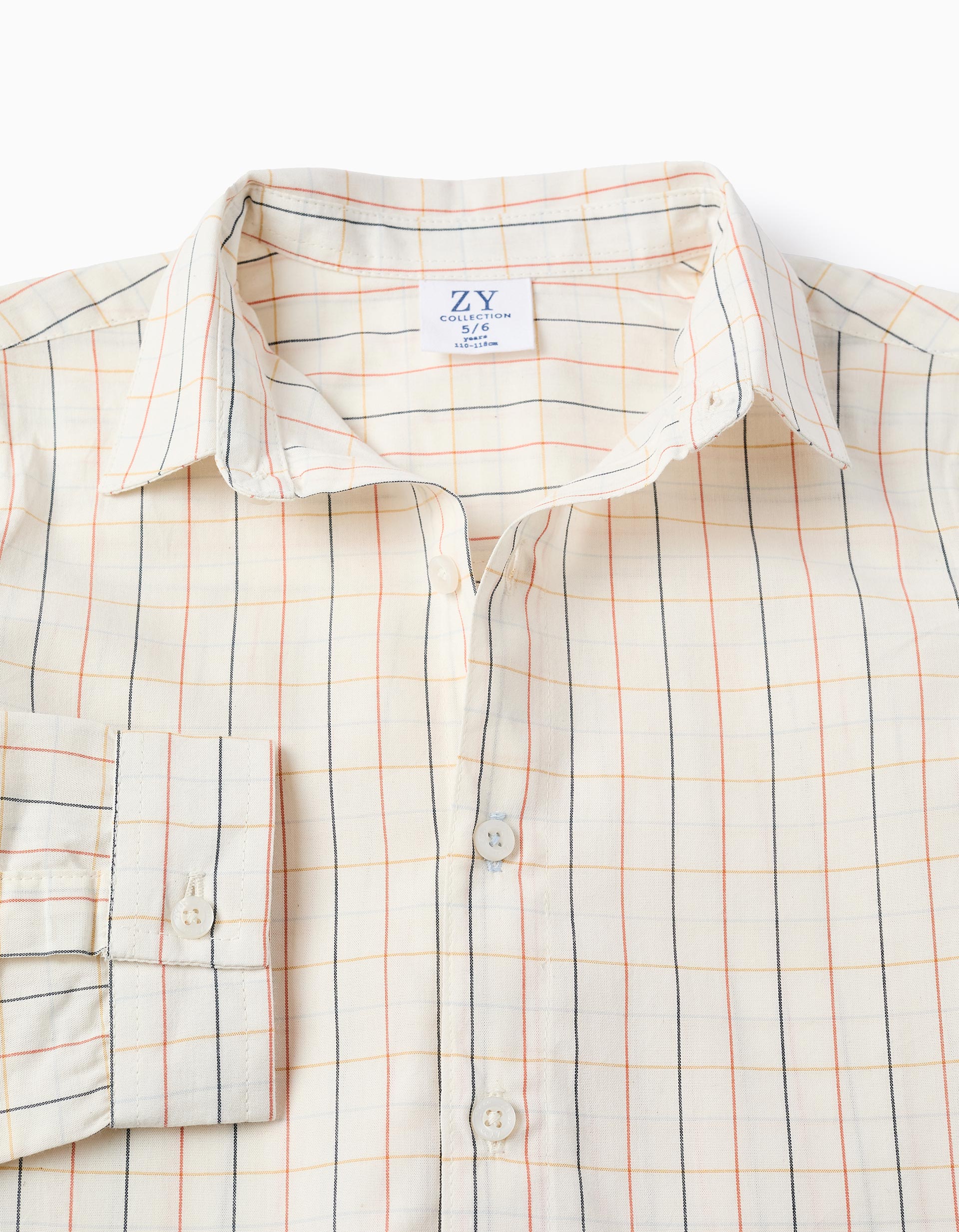 Chequered Cotton Shirt for Boys, Beige/Orange/Blue