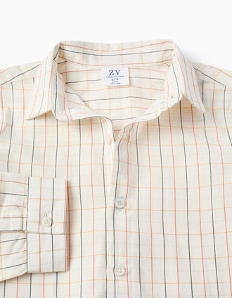 Camisa de Algodão com Xadrez para Menino, Bege/Laranja/Azul