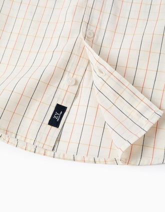 Camisa de Algodão com Xadrez para Menino, Bege/Laranja/Azul