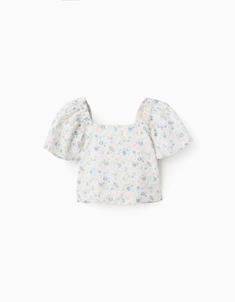 Top Floral con Mangas Mariposa y Espalda Abierta para Niña, Blanco