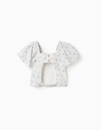 Top Floral con Mangas Mariposa y Espalda Abierta para Niña, Blanco