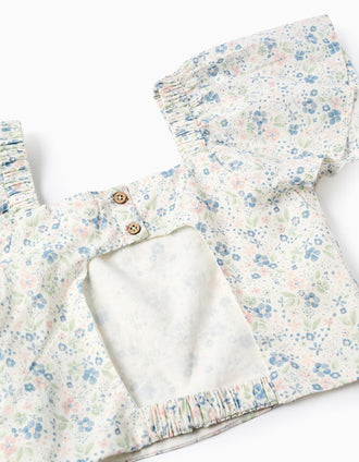 Top Floral con Mangas Mariposa y Espalda Abierta para Niña, Blanco
