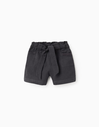 Pantalón Corto en Algodón Slub con Cintas para Niña, Gris Oscuro