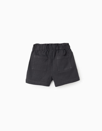 Pantalón Corto en Algodón Slub con Cintas para Niña, Gris Oscuro