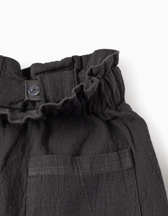 Pantalón Corto en Algodón Slub con Cintas para Niña, Gris Oscuro