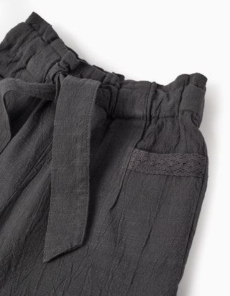 Pantalón Corto en Algodón Slub con Cintas para Niña, Gris Oscuro