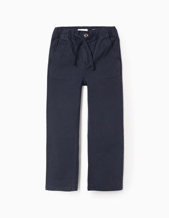 Calças Chino de Sarja com Cordão para Menino 'Straight Fit', Azul Escuro